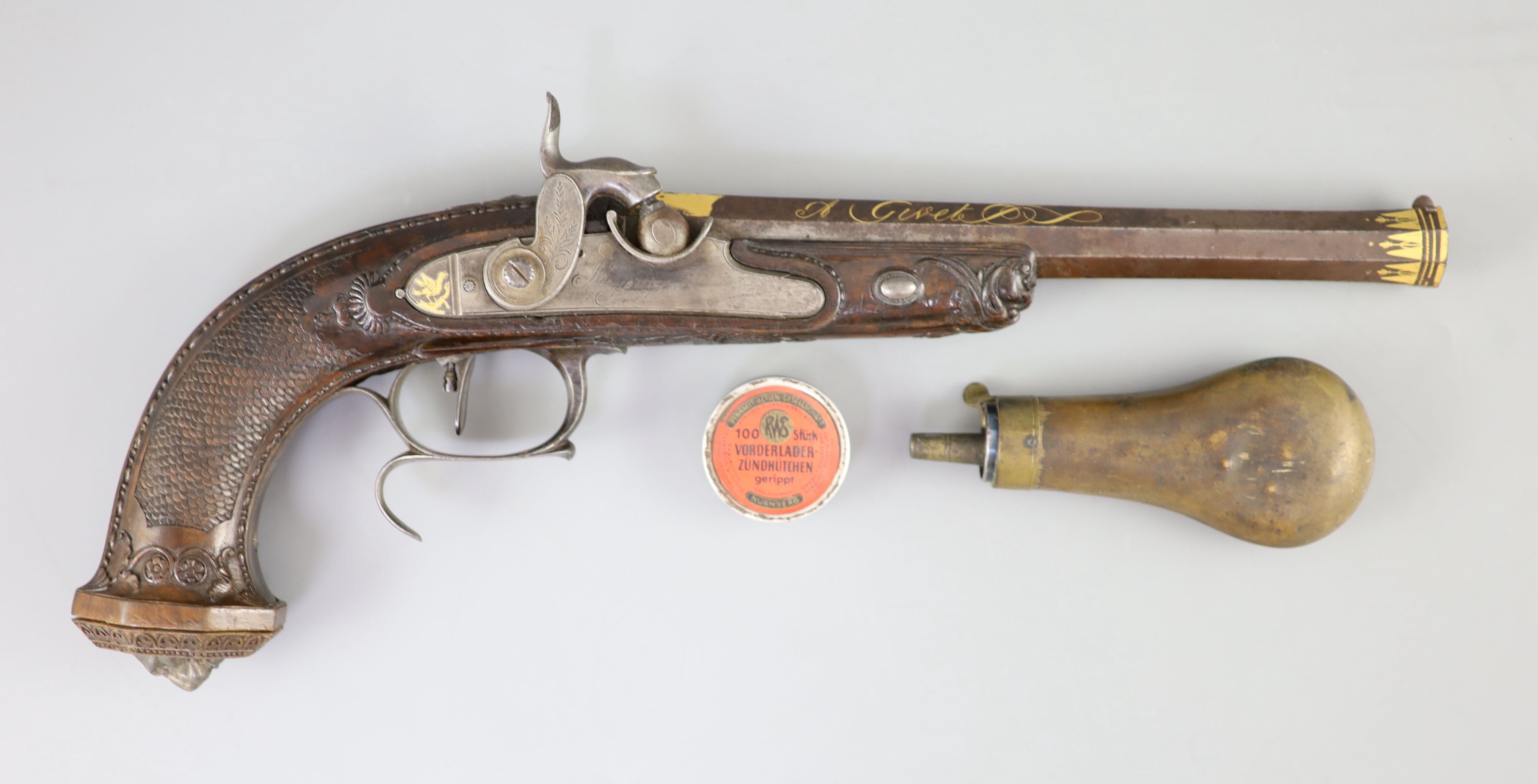A late 18th/ early 19th century French gold inlaid pistol by Henraux 14.5in.